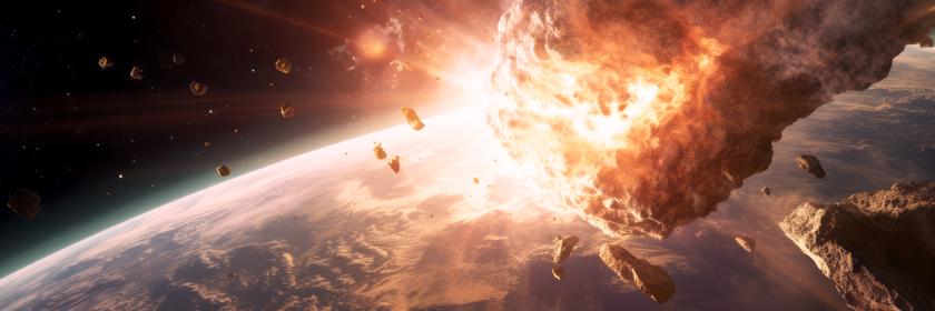 Animation: Ein riesiger Meteor rast auf die Erde zu.