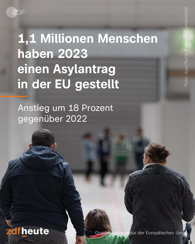 Zwei Erwachsene gehen mit einem Kind zwischen ihnen durch eine Halle.
