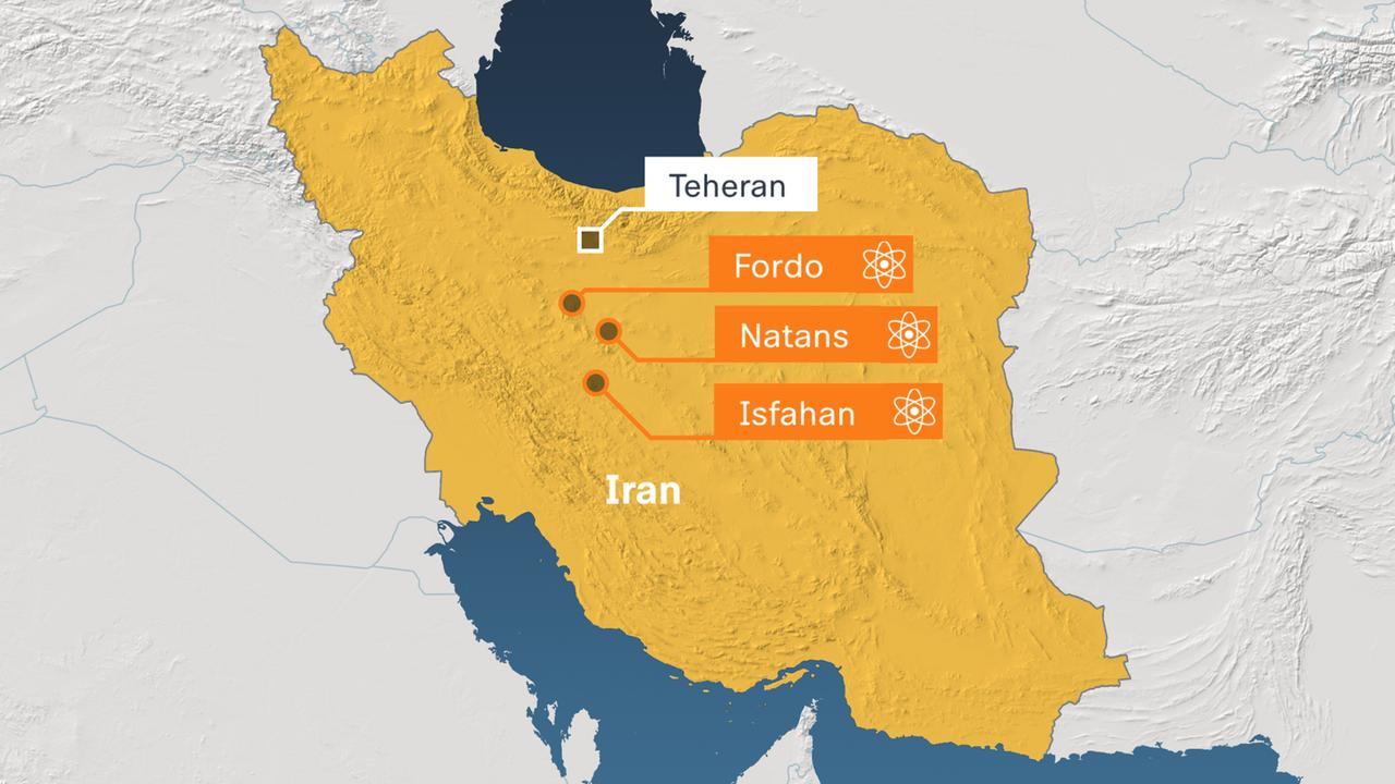 Karte: Irans Atomanlagen in Fordo, Natans und Isfahan