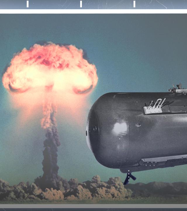 Atombombe und Bombeneinschlag mit Atompilz