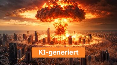 Zu sehen ist ein KI-generiertes Bild einer Atomexplosion über einer Stadt, das der israelische Ministerpräsident Netanjahu in sozialen Medien gepostet hat, um vor Iran zu warnen.
