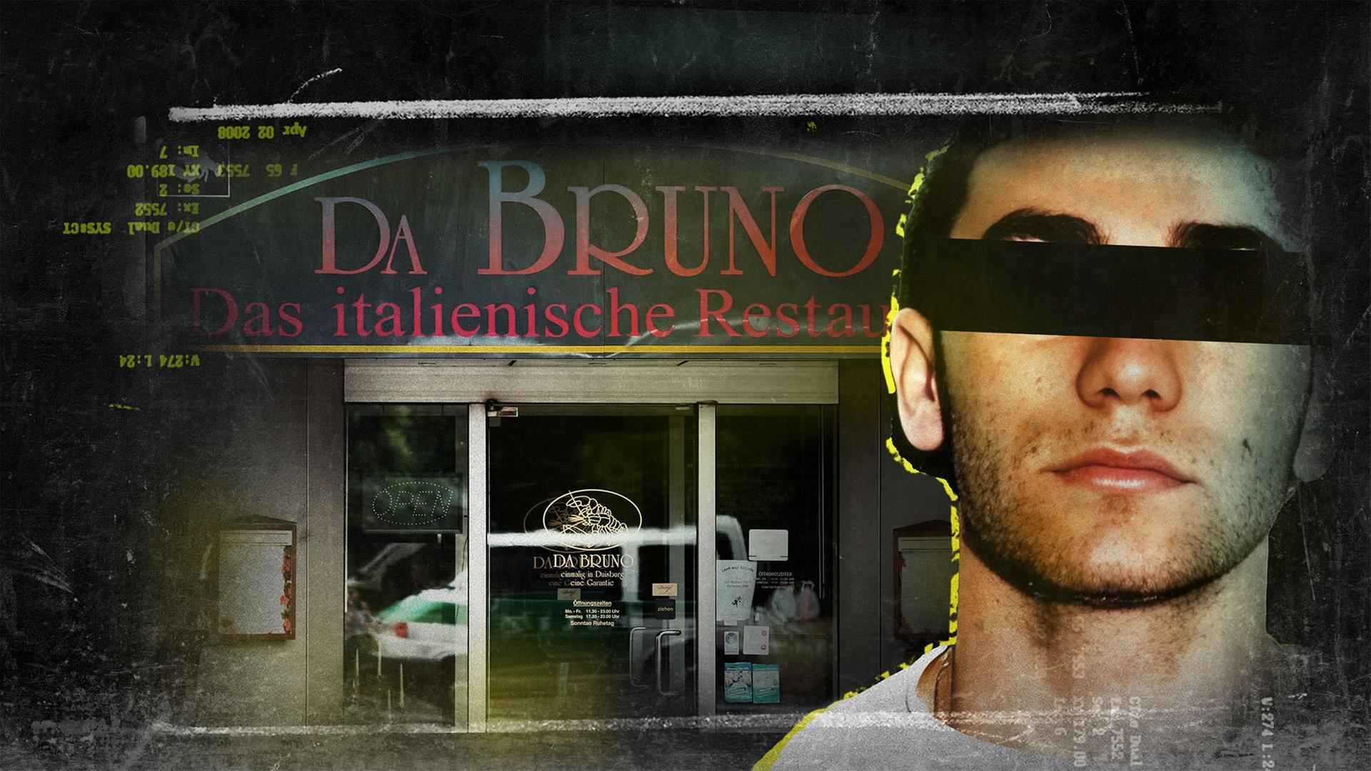 Montage eines Portraitfotos von Giovanni Strangio mit geschwärzter Augenpartie vor einem Foto des Restaurants "Da Bruno".