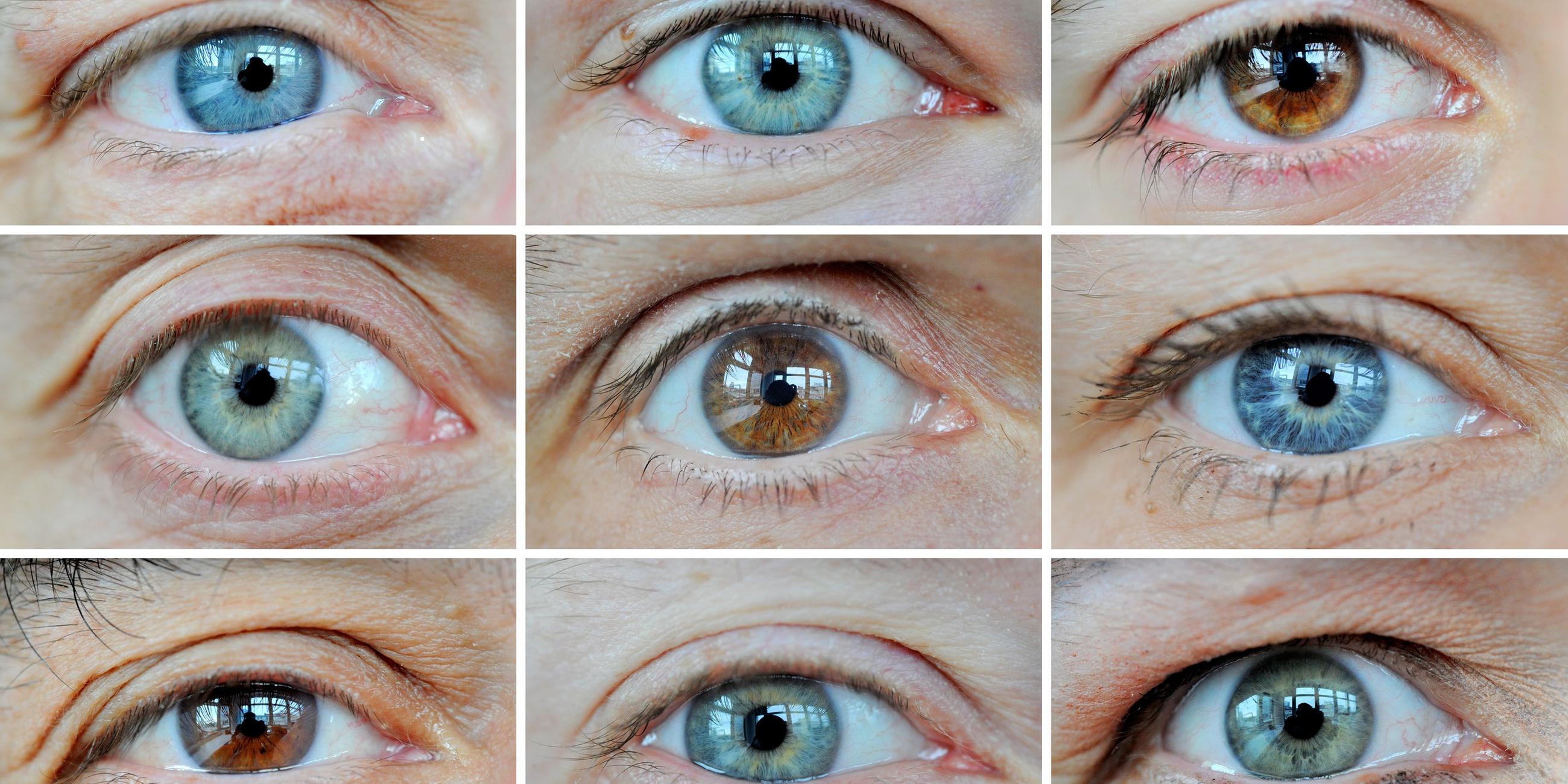 Neun menschliche Augen in der Nahaufnahme.