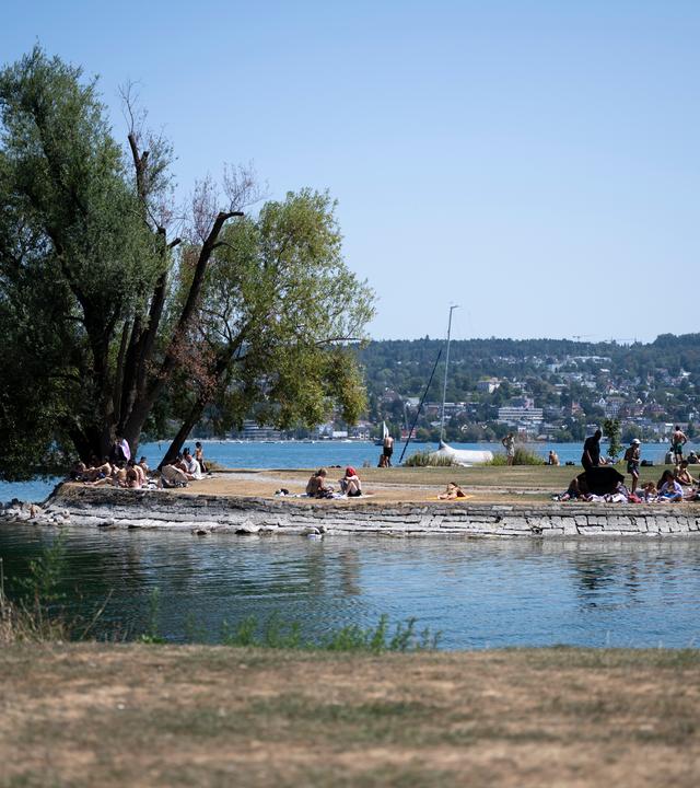 12.08.2026, Schweiz, Zürich: Menschen geniessen die Sonne auf vertrockneten Wiesen auf der Saffa-Insel, am Mittwoch, 12. August 2026 in Zuerich.
