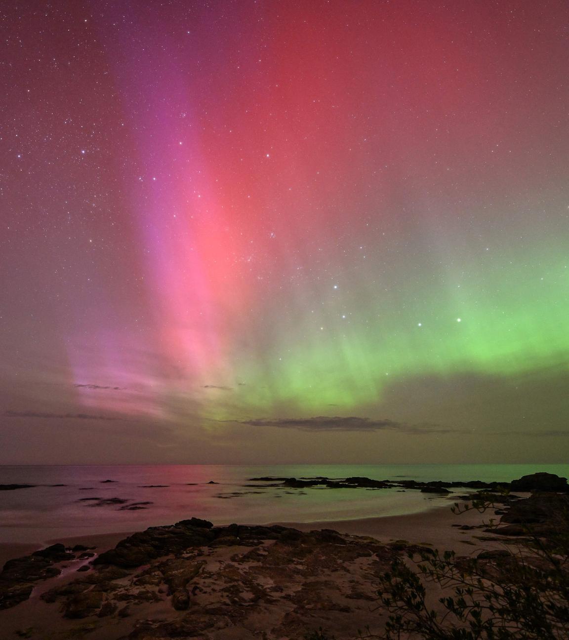 Neuseeland: Aurora Australis, auch bekannt als Südlichter, die am Horizont über dem Wasser von Blackhead Beach in Dunedin leuchten.