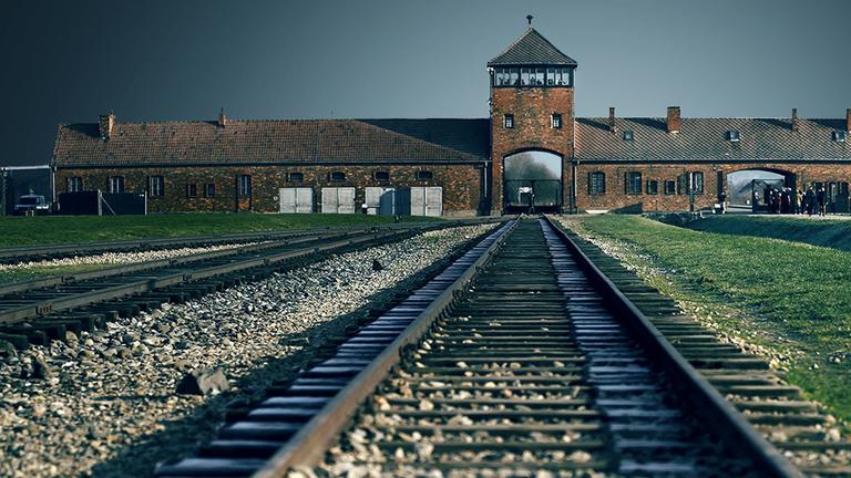 Schienen, die zum Eingang des Lagers Auschwitz führen