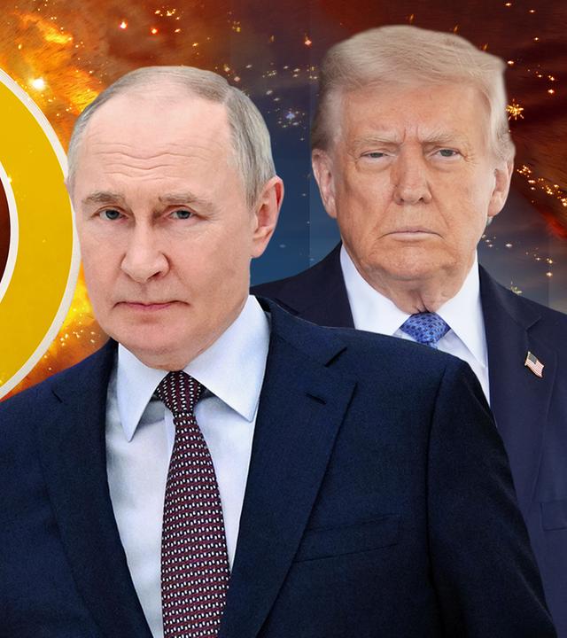 Putin und Trump neben einem Atom-Warnschild