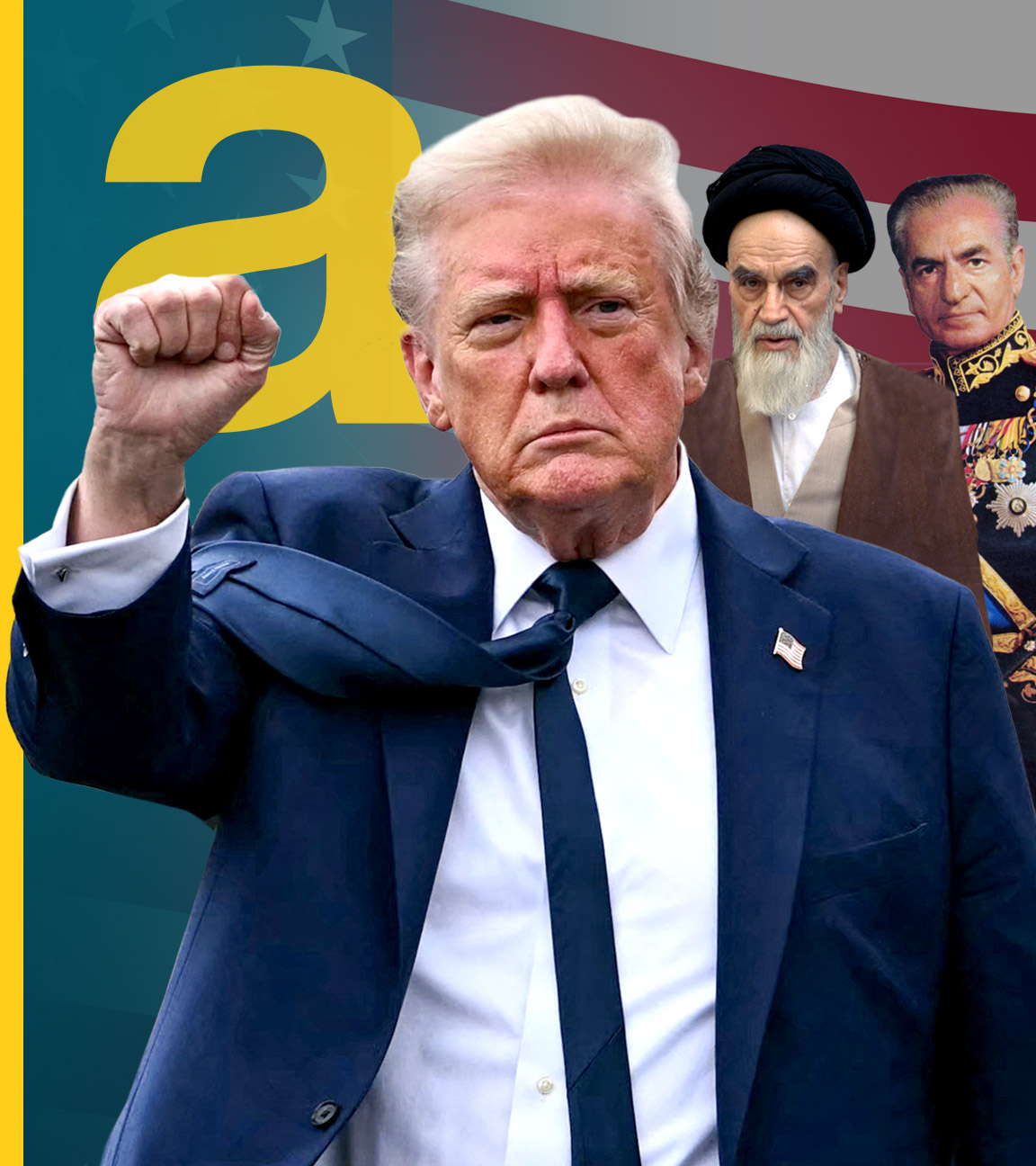 Donald Trump, Ruhollah Khomeini mit der US-Flagge im Hintergrund