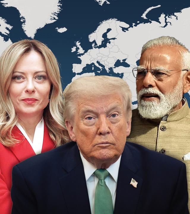 Die italinenische Ministerpräsidentin Meloni, US-Präsident Trump und der indische Premierminister Modi (von l. nach r.) vor einer Weltkarte. 
