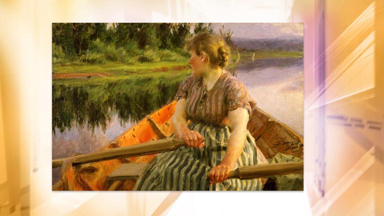 Auf dem impressionistischen Gemälde sieht man eine Frau, die in einem Ruderboot sitzt.