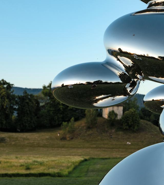 In einer grünen Landschaft steht eine Skulptur aus silbrig glänzenden Blasen.