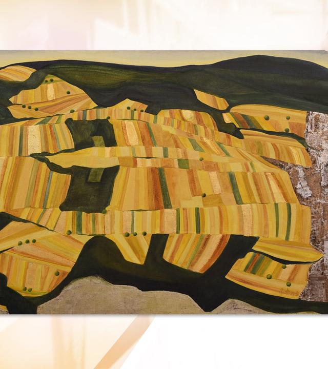 Auf dem Gemälde sieht man eine naive, abstrakte Landschaft.