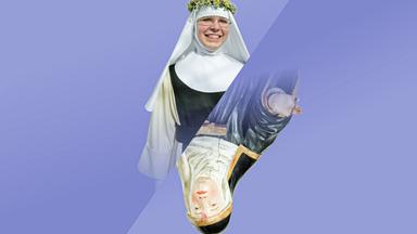 Auf der oberen, schräg angeschnittenen Hälfte des Bildes sieht man eine Nonne, auf der unteren Hälfte eine hölzerne Nonnenfigur.