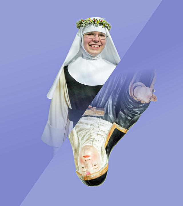 Auf der oberen, schräg angeschnittenen Hälfte des Bildes sieht man eine Nonne, auf der unteren Hälfte eine hölzerne Nonnenfigur.