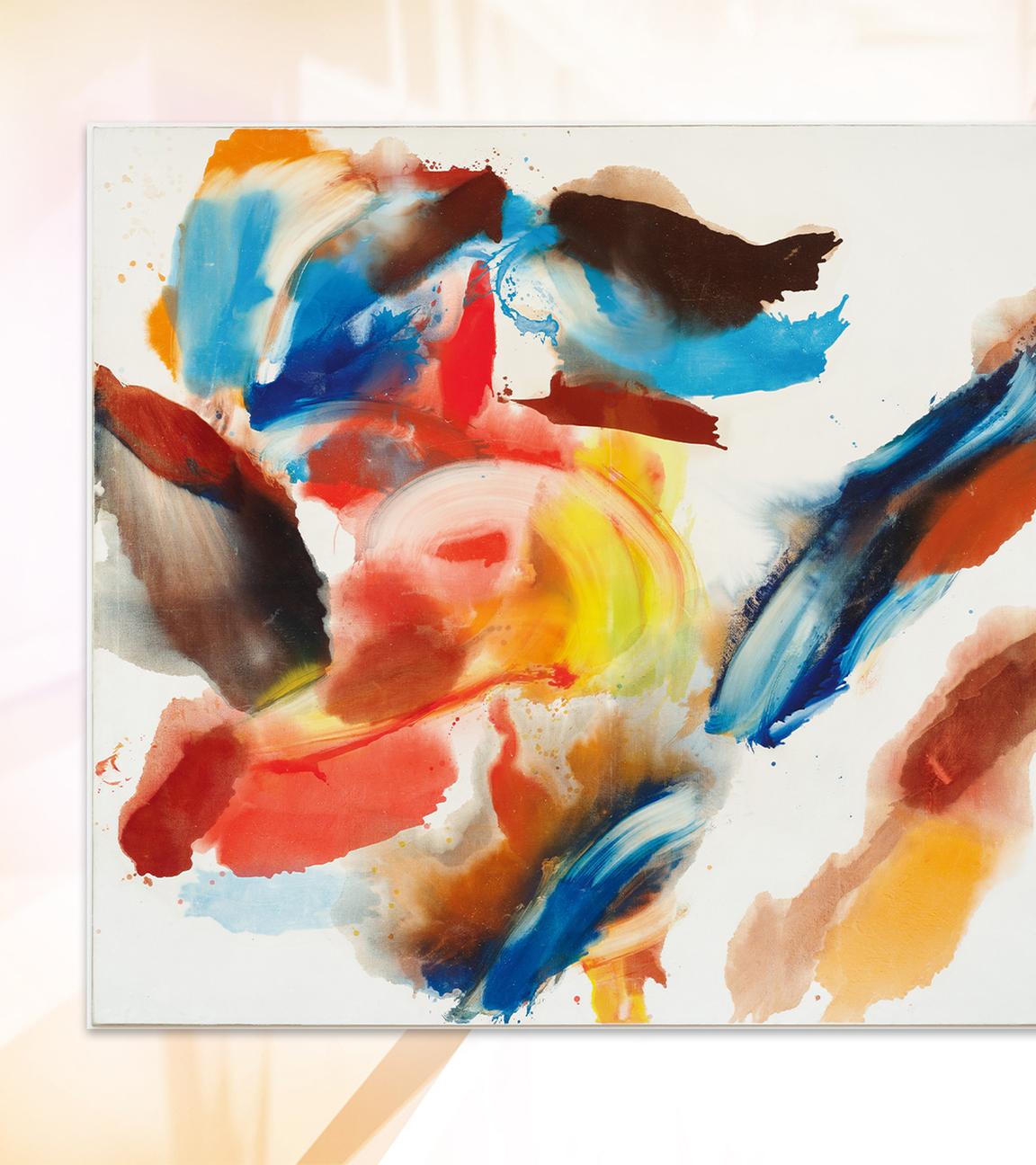 Man sieht ein abstraktes, buntes, modernes Gemälde.