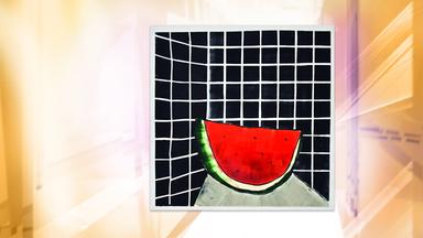 Man sieht das Gemälde einer Wassermelone vor einer schwarzen Gitterstruktur.