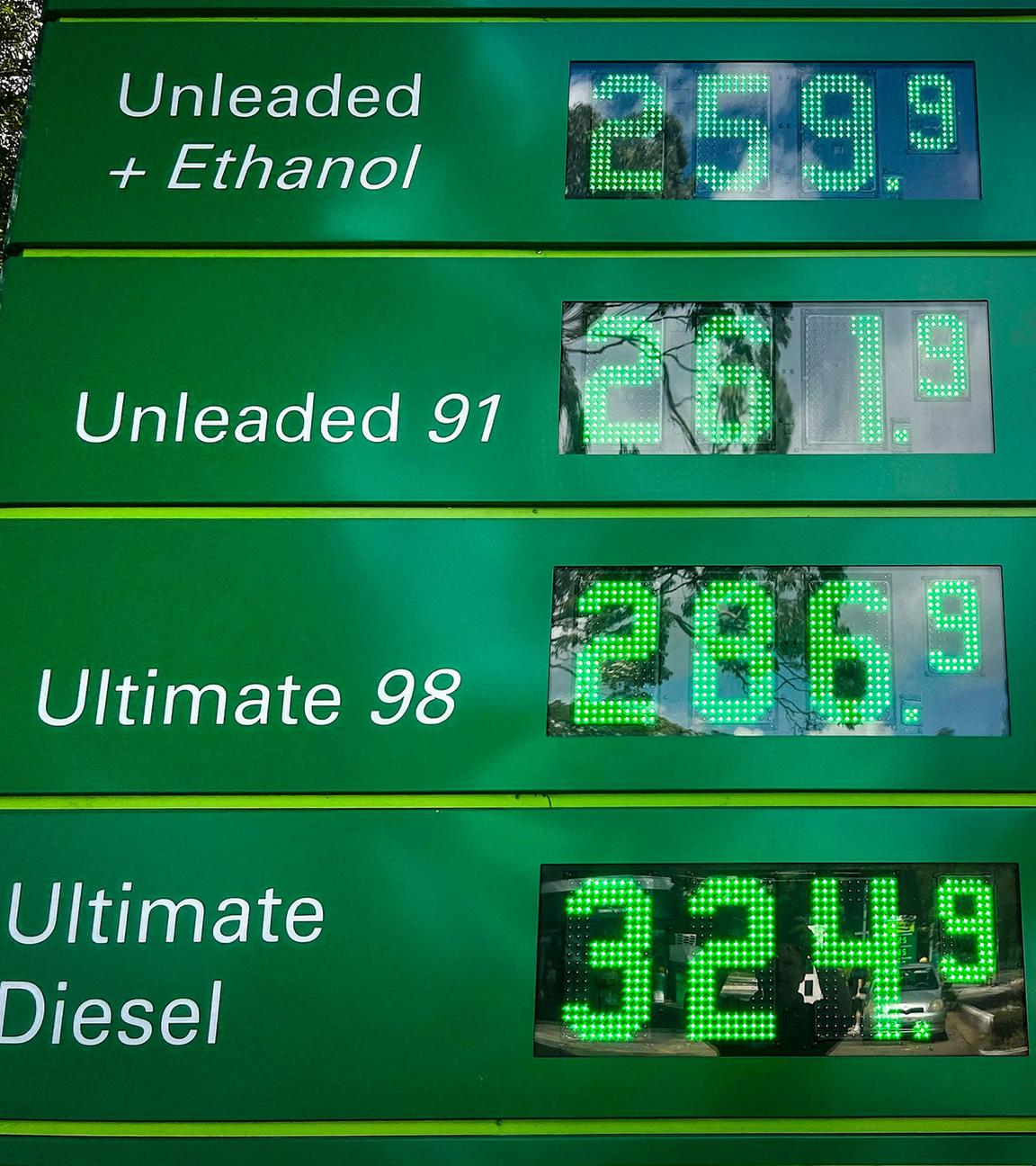 Eine Anzeigetafel mit Sritpreisen in Australien. 