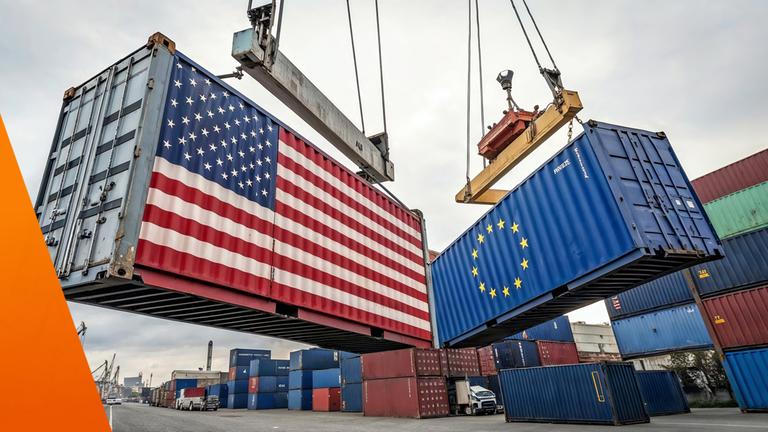Container mit Amerika Flagge gegenüber Container mit EU-Flagge