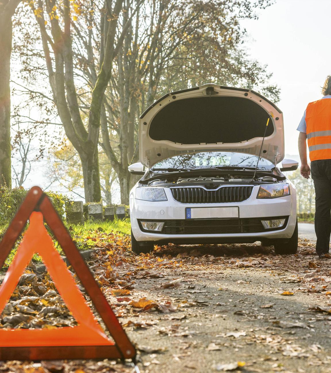 Symbolbild: Rückansicht eines Mannes, der mit seinem Handy telefoniert, nachdem sein Auto eine Panne hatte