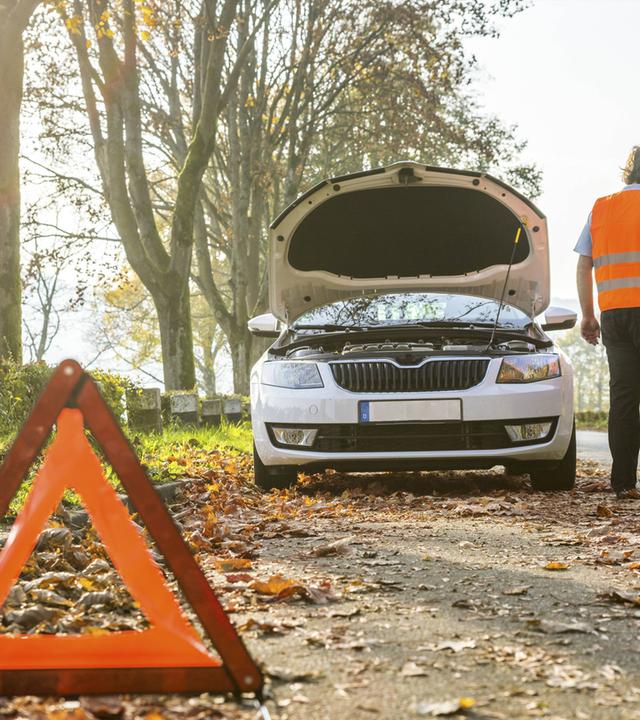 Symbolbild: Rückansicht eines Mannes, der mit seinem Handy telefoniert, nachdem sein Auto eine Panne hatte