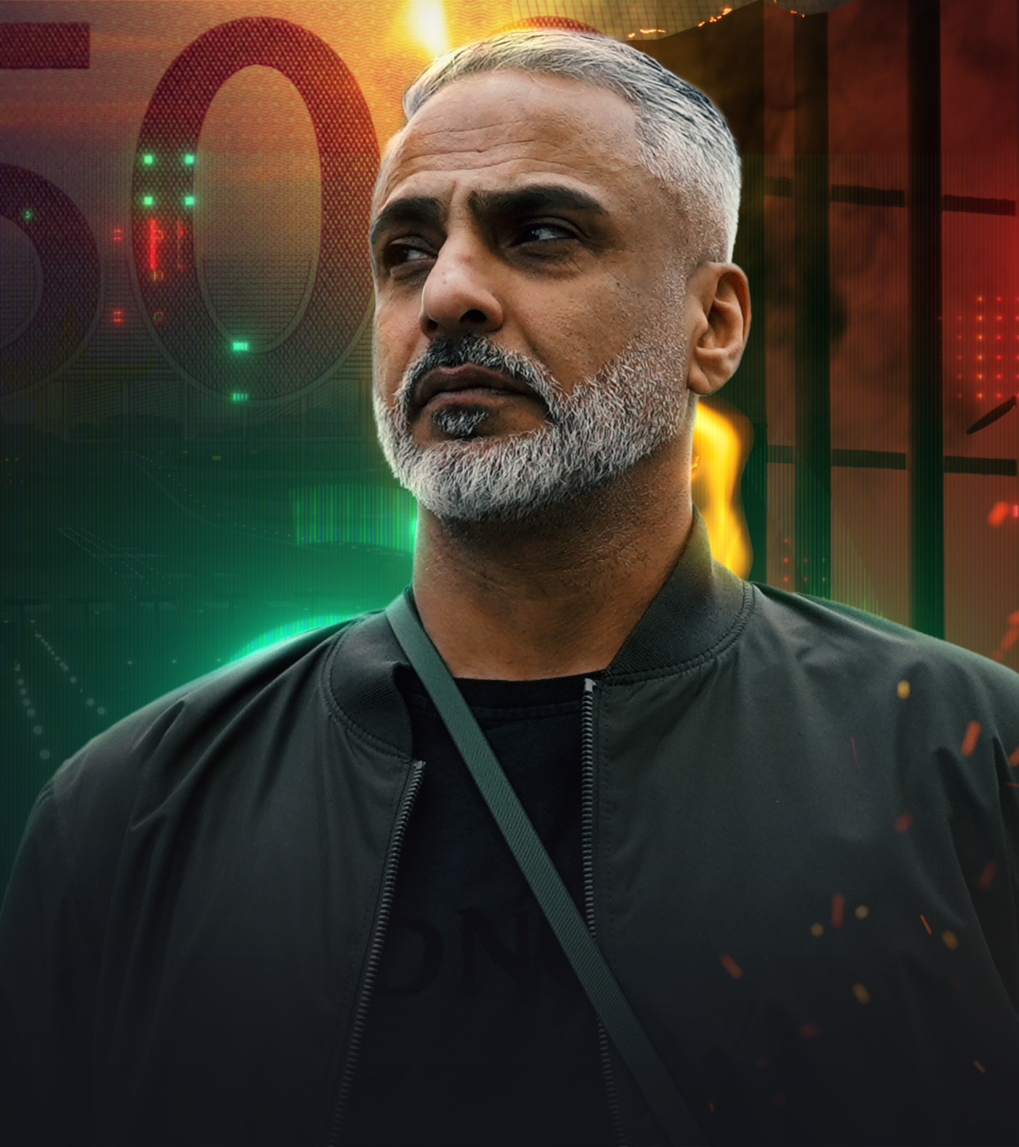 Ali C. im Vordergrund. Im Hintergrund Spur-Logo und Gefängnissstäbe.