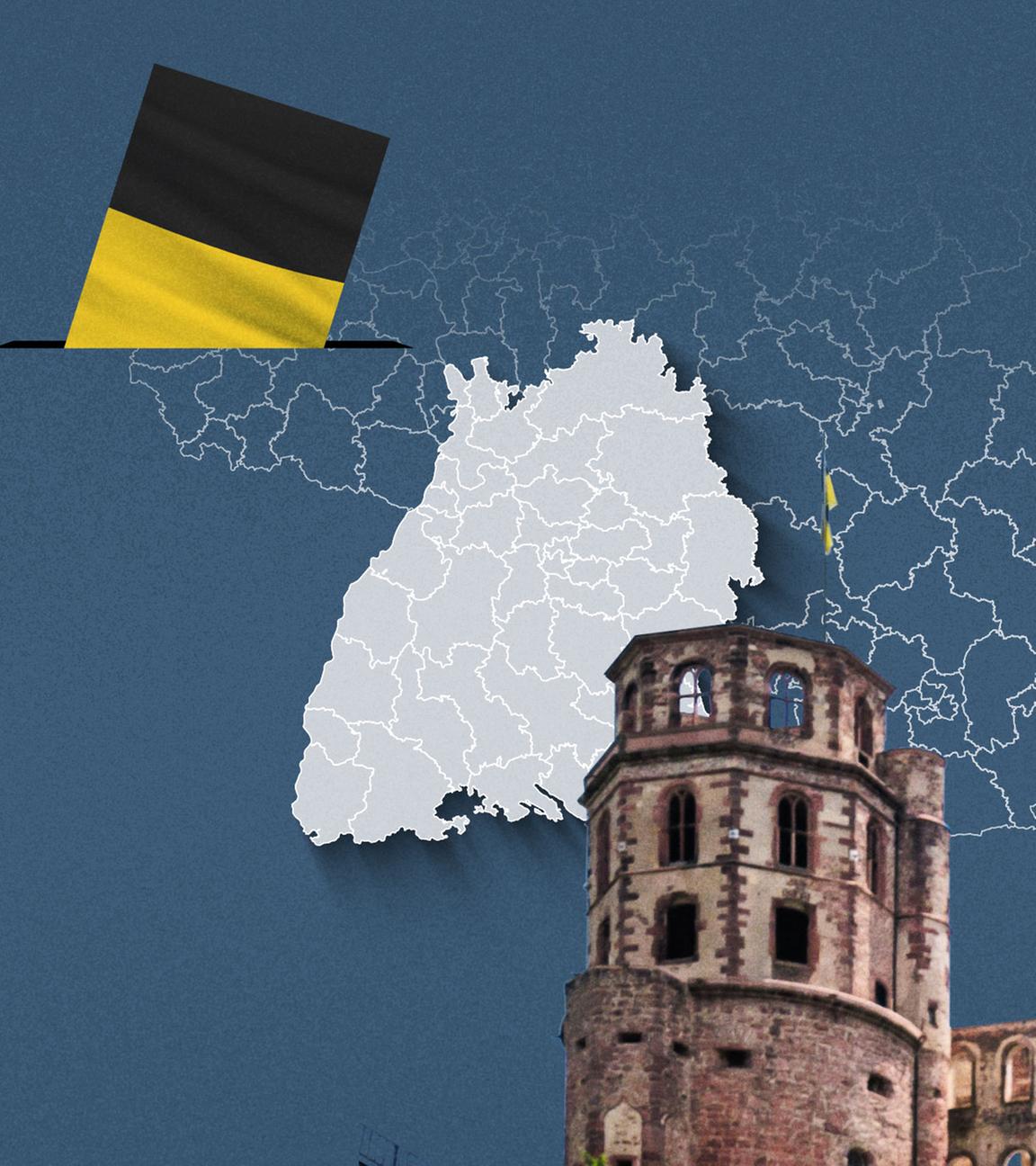 Foto vom Heidelberger Schloss, davor eine Wahlkreis-Karte von Baden-Württemberg und die Flagge 