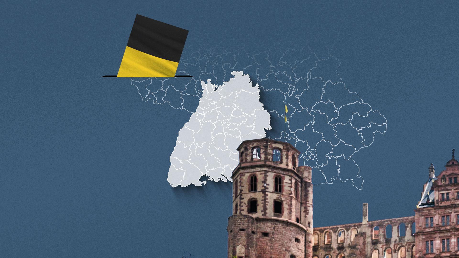 Foto vom Heidelberger Schloss, davor eine Wahlkreis-Karte von Baden-Württemberg und die Flagge 