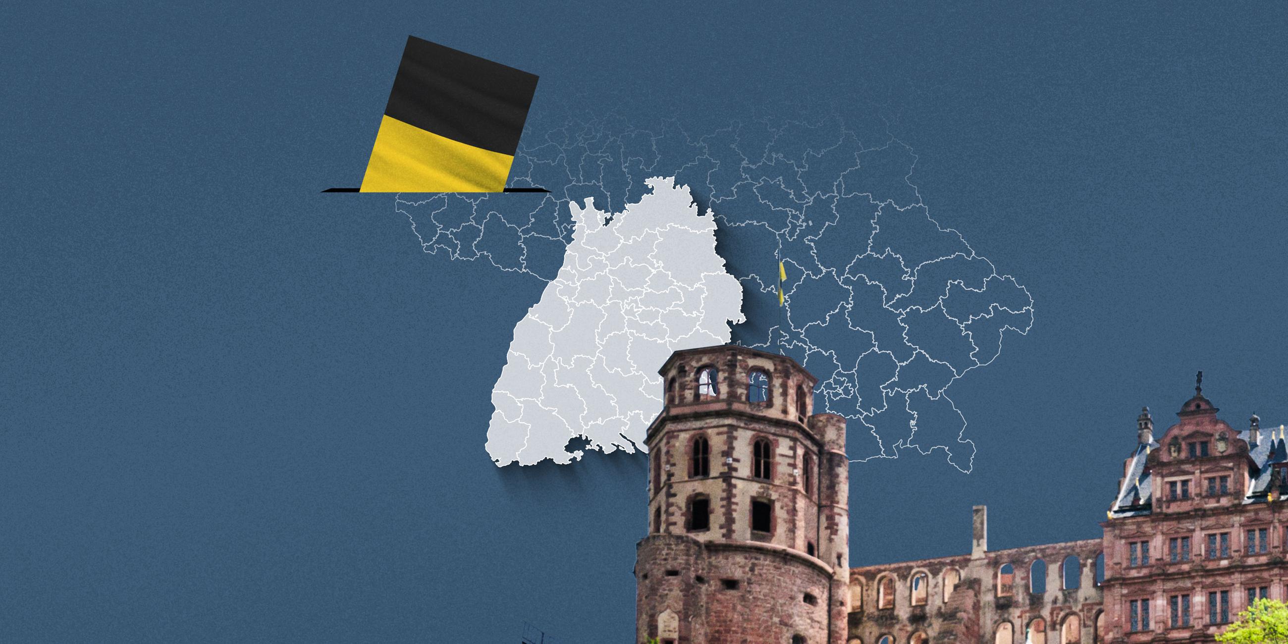 Foto vom Heidelberger Schloss, davor eine Wahlkreis-Karte von Baden-Württemberg und die Flagge 