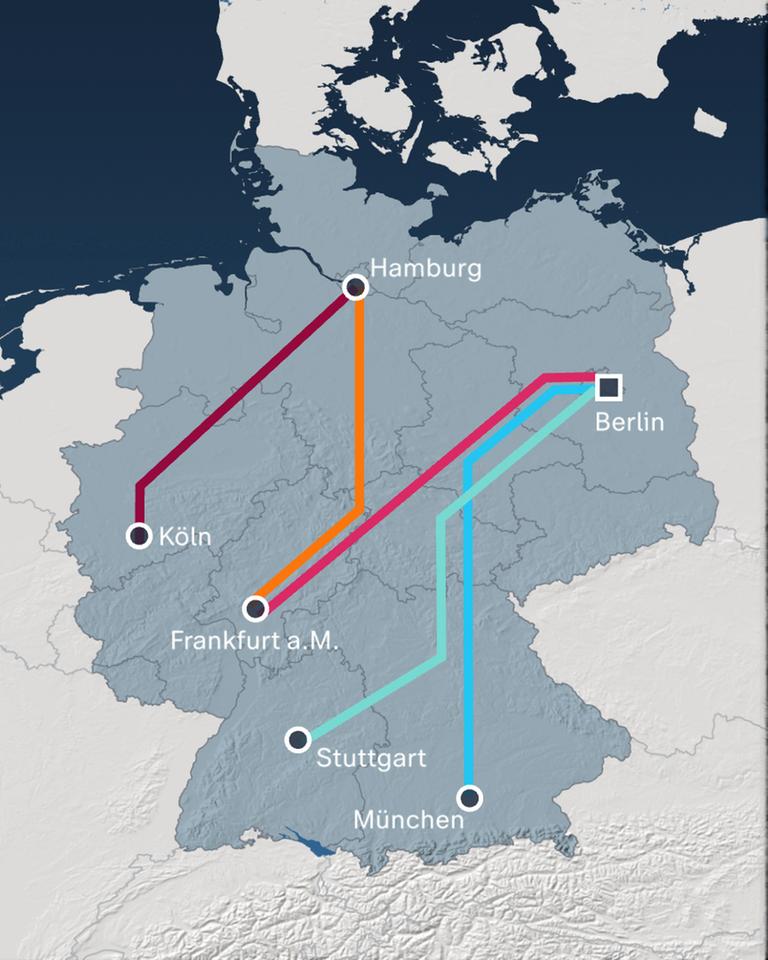 Eine Karte mit nationalen Bahnverbindungen