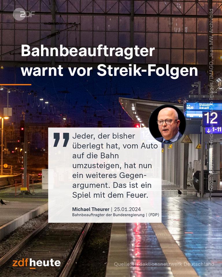 Eine Grafik zusammengestellt aus einem Bild des Bahnbeauftragten Michael Theurer mit einer Sprechblase und einem Zitat darin, dahinter ein geblurrtes Bild von einem Bahnsteig