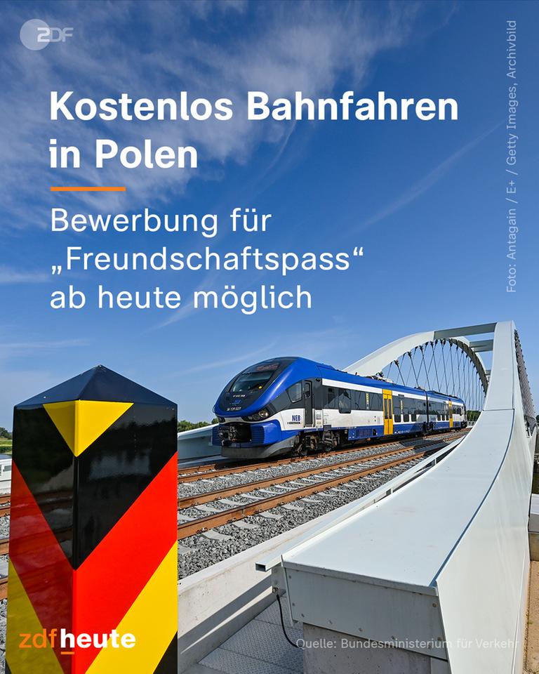 Kostenlos Bahnfahren in Polen: Bewerbung für Freundschaftspass ab heute möglich - steht auf einem Bild, auf dem ein Zug zu sehen ist.