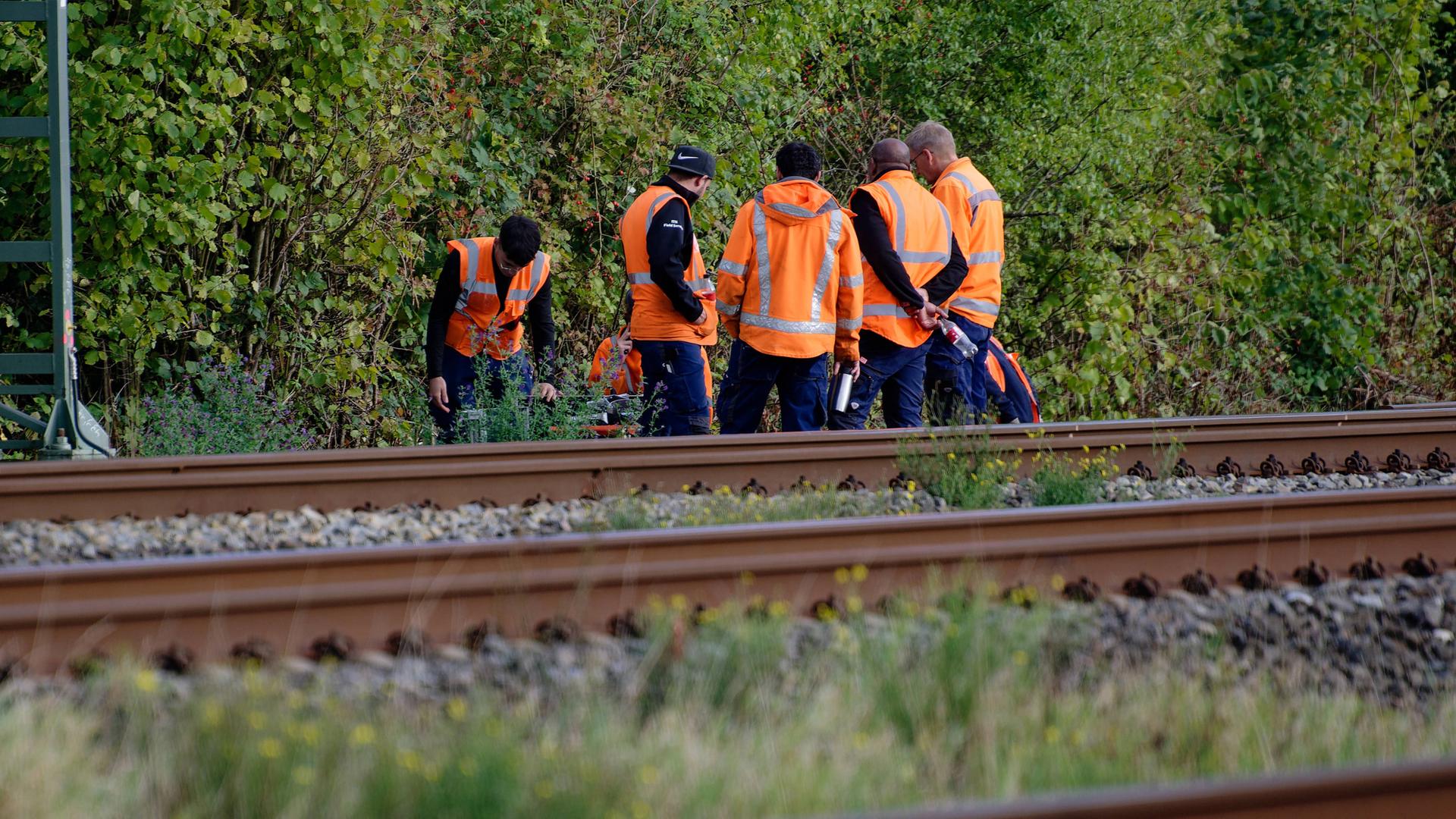 Bahn-Mitarbeiter an der Strecke Köln–Düsseldorf: Durchtrennte Kabel sorgen am 22.09.2025 für starke Verzögerungen im Zugverkehr.