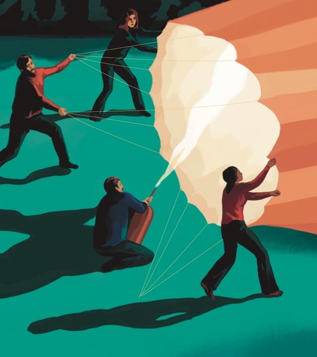 Zeichnung: Drei Menschen stehen nachts auf einer Wiese. Vor ihnen befindet sich die liegenden Hülle eines Heißluftballons. Zwischen ihnen bläst ein Brenner erwärmte Luft in die Hülle bläst.