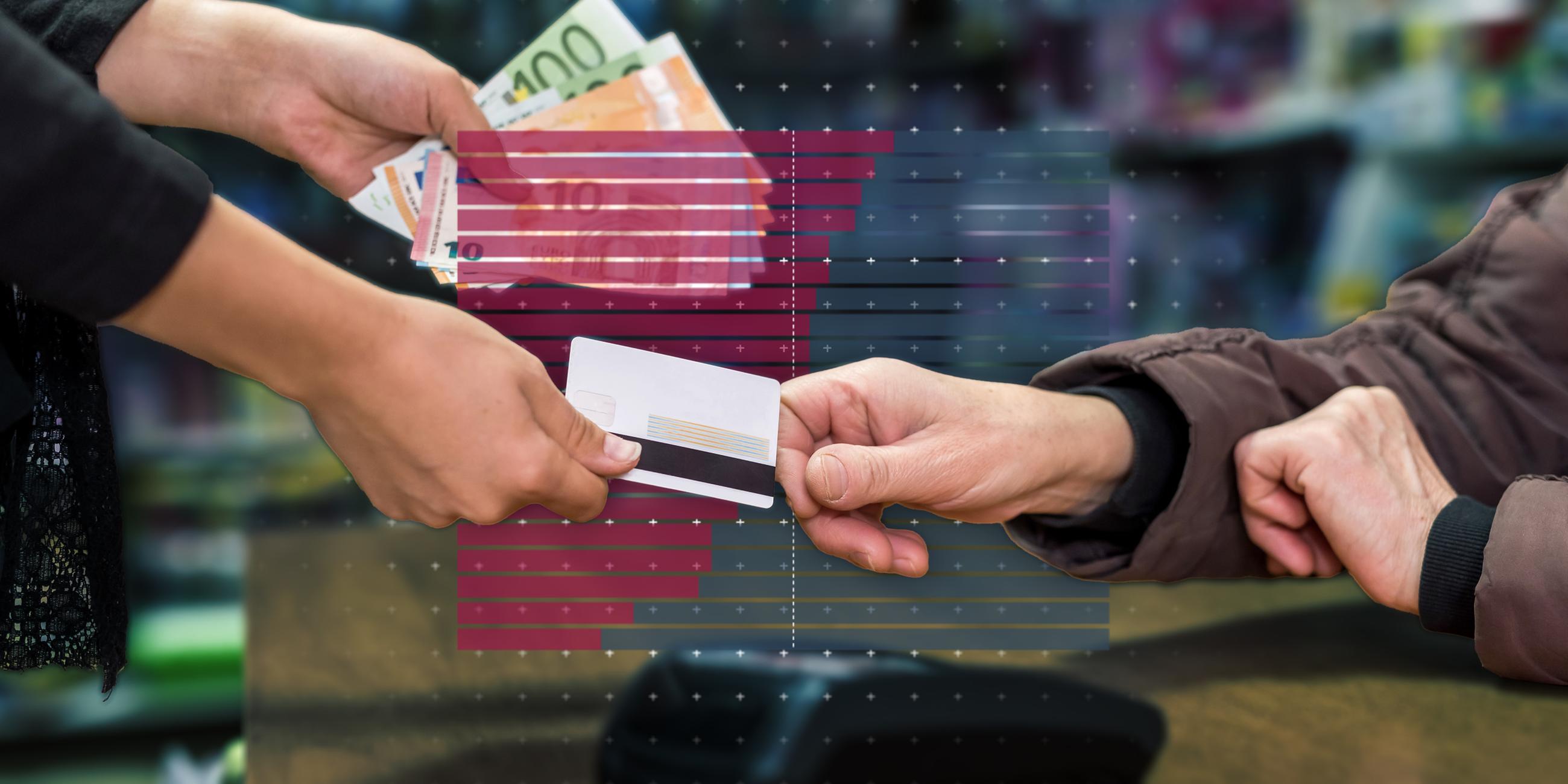 Über ein Bild, in dem die eine Person eine Kreditkarte überreicht und in der anderen Hand Bargeld hält, ist ein Balkendiagramm gelegt.