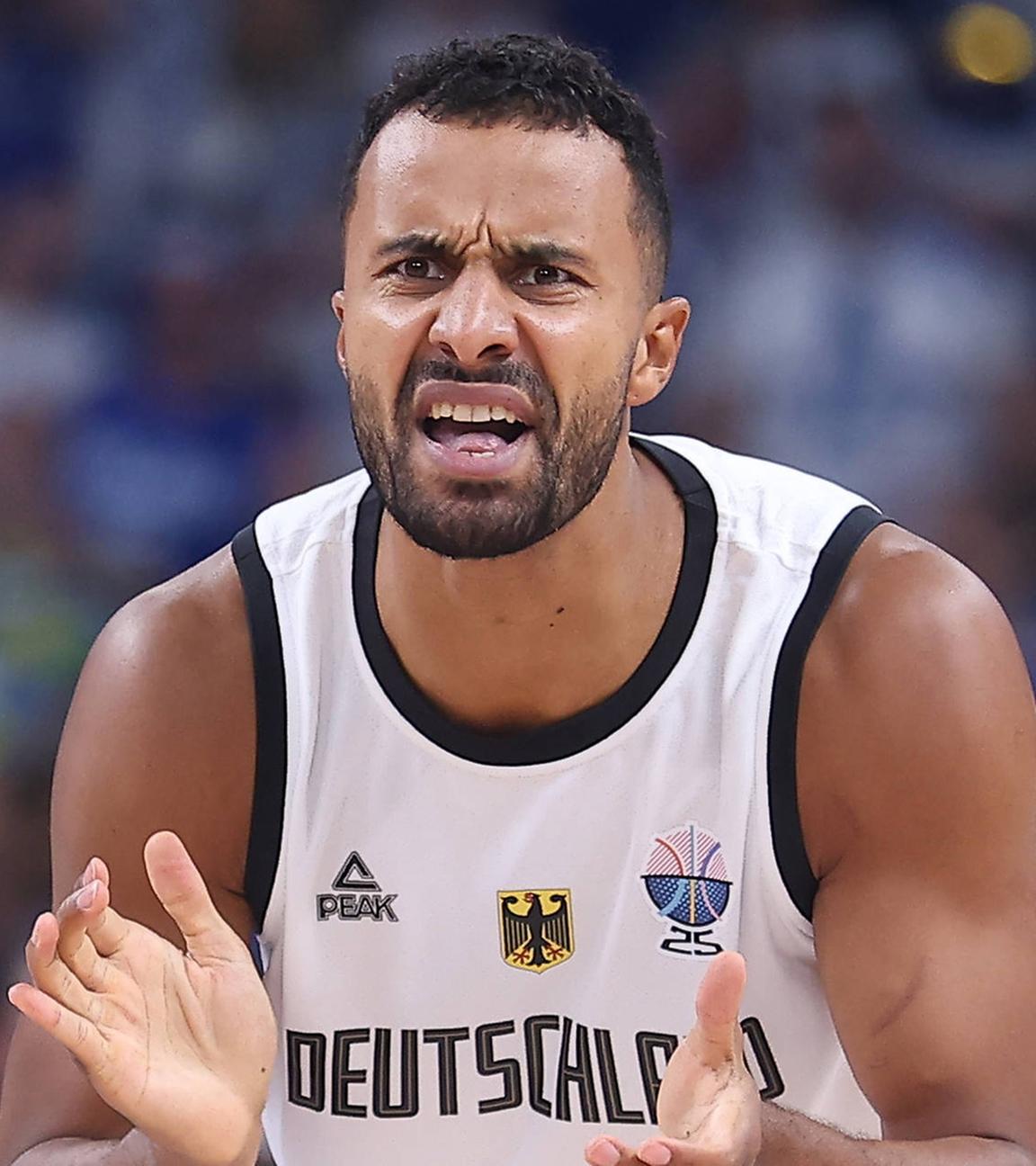  JOHANNES THIEMANN, basketball player of Germany, during the European Championships semifinal match against Finland, at Xiaomi Arena Riga. Riga, 12.09.2025