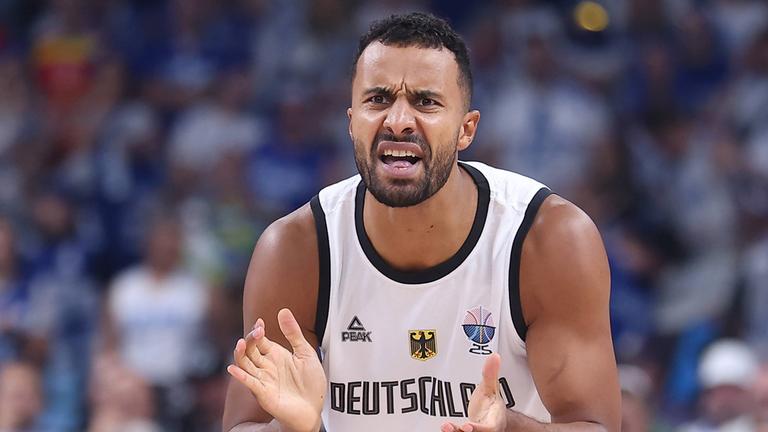  JOHANNES THIEMANN, basketball player of Germany, during the European Championships semifinal match against Finland, at Xiaomi Arena Riga. Riga, 12.09.2025