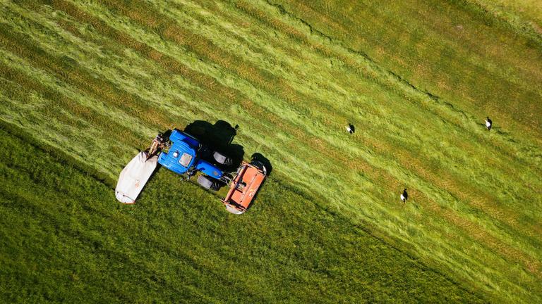 Ein Landwirt fährt mit seinem Traktor und einem angebauten Mähwerk über eine Wiese und mäht diese.