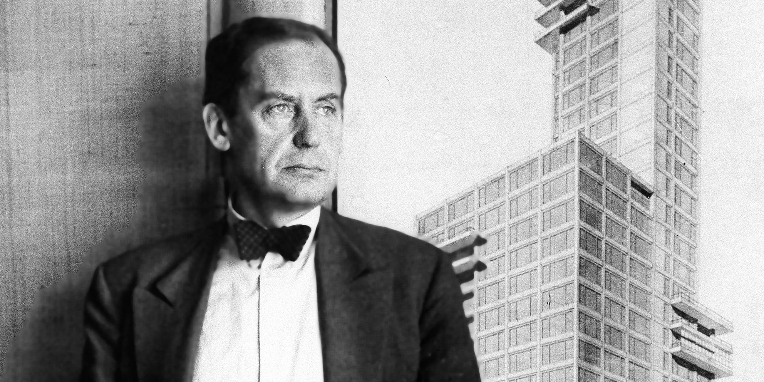 Archiv: Architekt Walter Gropius steht am 15.05.1933 in Berlin neben einer Zeichnung des "Chicago Tribune"-Gebäudes
