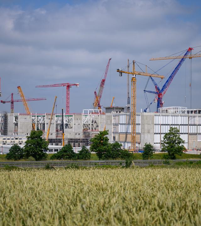 Sachsen, Dresden: Baukräne stehen auf der Baustelle der künftigen Chipfabrik des Halbleiterkonzerns ESMC (European Semiconductor Manufacturing Company).