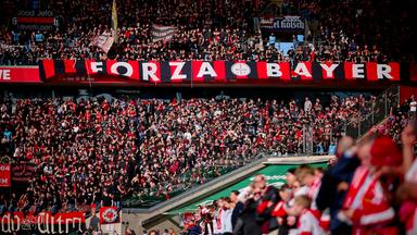 Bayer-Leverkusen-Fans zeigen im Kölner Stadion einen banner mit der Aufschrift "Forza bayer"