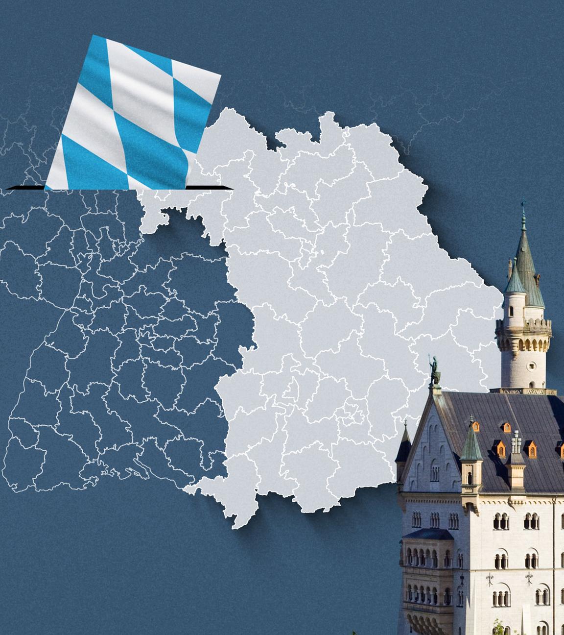 Foto von Schloss Neuschwanstein, davor eine Wahlkreis-Karte von Bayern und die Flagge 