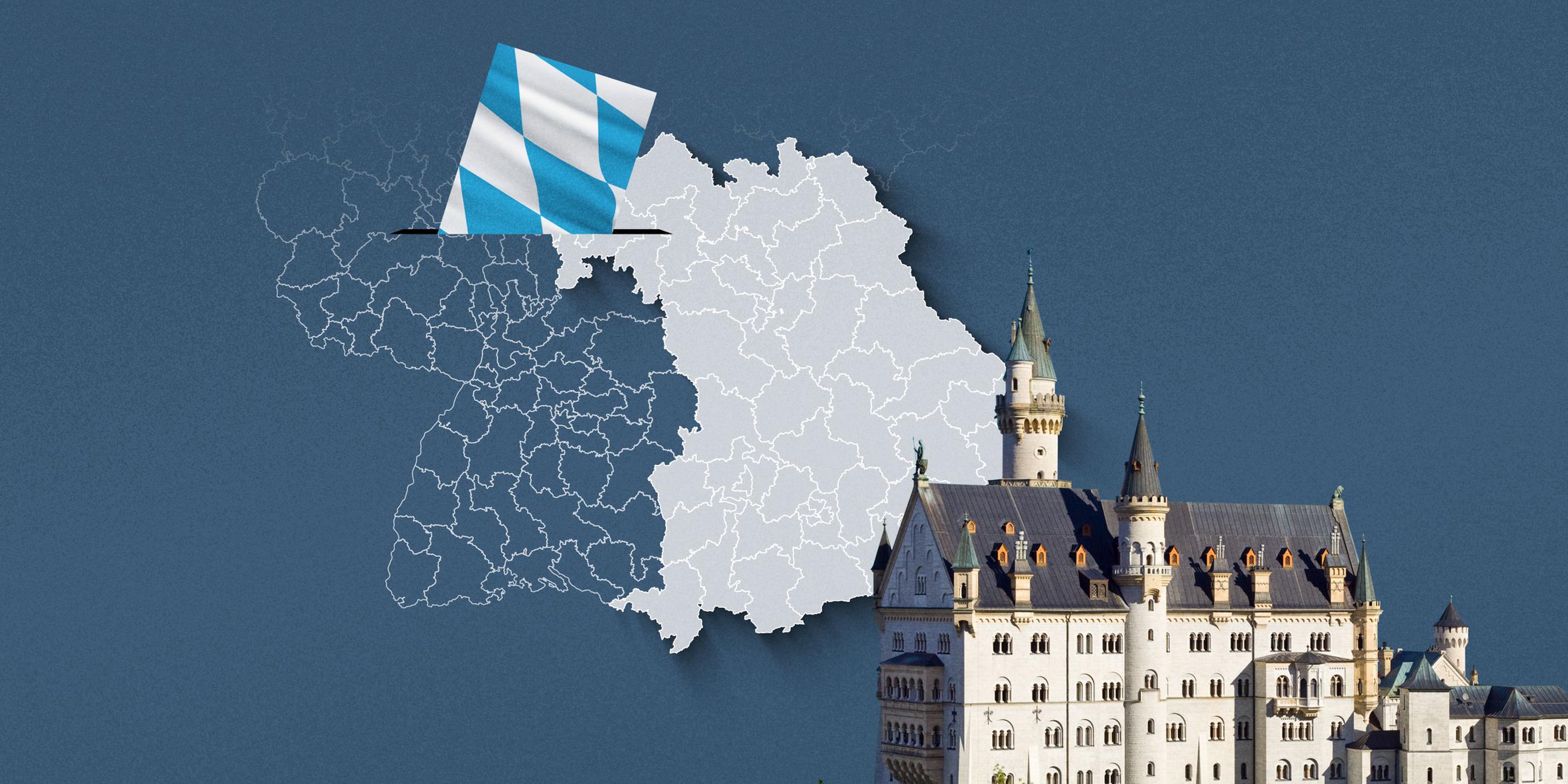 Foto von Schloss Neuschwanstein, davor eine Wahlkreis-Karte von Bayern und die Flagge 