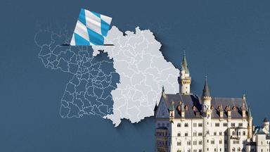 Foto von Schloss Neuschwanstein, davor eine Wahlkreis-Karte von Bayern und die Flagge 
