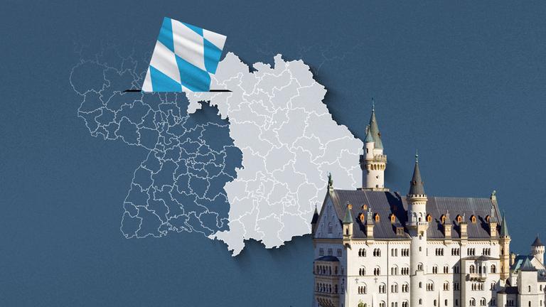 Foto von Schloss Neuschwanstein, davor eine Wahlkreis-Karte von Bayern und die Flagge 
