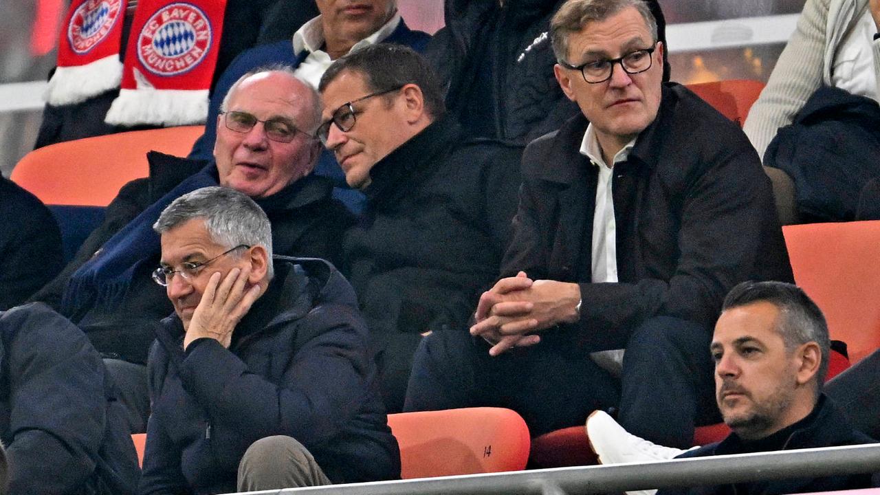 Ehrenpräsident Uli Hoeneß, FC-Bayern-Sportvorstand Max Eberl und Vorstandsvorsitzender Jan-Christian Dreesen (von links) sitzen auf der Tribüne und verfolgen das Spiel gegen FC Brügge. Unten Präsident Herbert Hainer