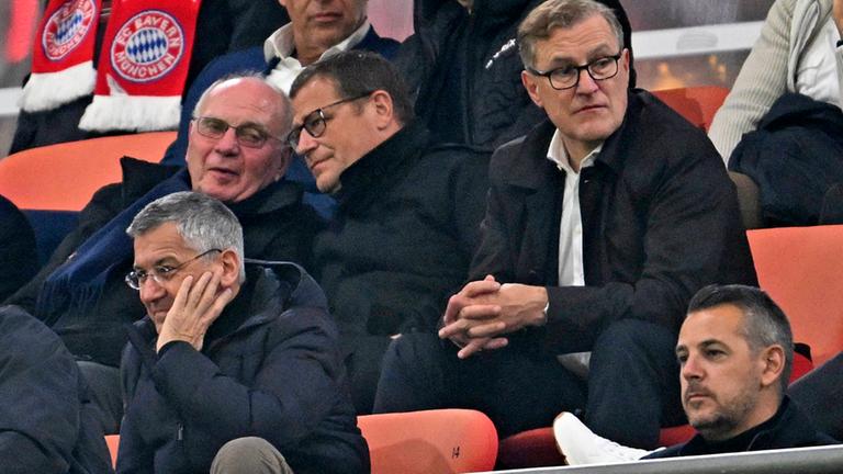 Ehrenpräsident Uli Hoeneß, FC-Bayern-Sportvorstand Max Eberl und Vorstandsvorsitzender Jan-Christian Dreesen (von links) sitzen auf der Tribüne und verfolgen das Spiel gegen FC Brügge. Unten Präsident Herbert Hainer
