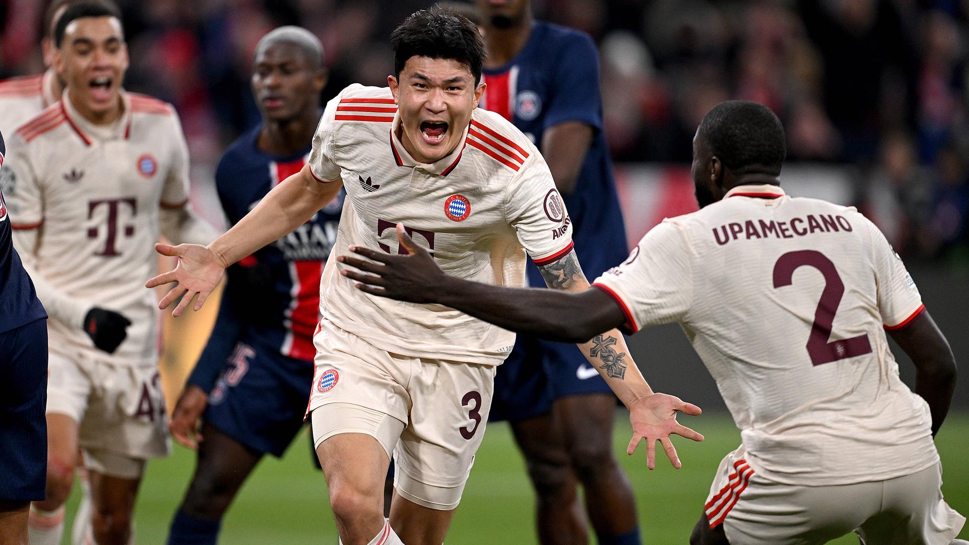 Champions League, FC Bayern München - Paris Saint-Germain: Min-Jae Kim bejubelt sein Tor mit mit Dayot Upamecano