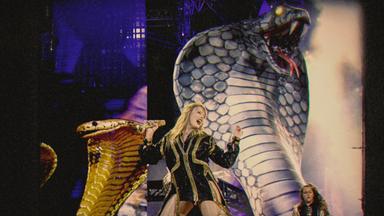 Taylor Swift steht in einem schwarzen, goldverzierten Bühnenkostüm vor zwei großen, aufgerichteten Schlangenfiguren auf einer Bühne.