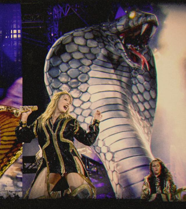 Taylor Swift steht in einem schwarzen, goldverzierten Bühnenkostüm vor zwei großen, aufgerichteten Schlangenfiguren auf einer Bühne.