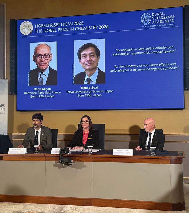 Auf dem Bild ist das Chemie-Nobelkomitee bei der Bekanntgabe des diesjährigen Nobelpreisträgerfür Chemie zu sehen. 